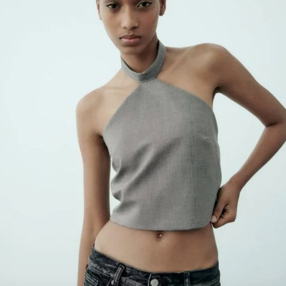 NWT ZARA TIE HALTER TOP GRAY - Picture 2 of 8